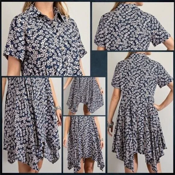 EASEL Lightweight Short Sleeved Collared Button Front Shark Bite Hem Shirt Dress - Picture 12 of 14